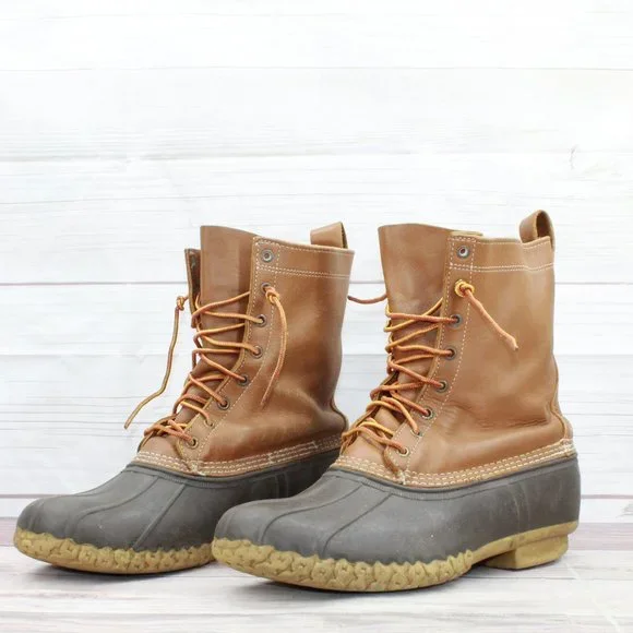 LL Bean Brown Leather Lace Up Unlined Waterproof Duck Boots Size 12 Medium - Picture 2 of 8